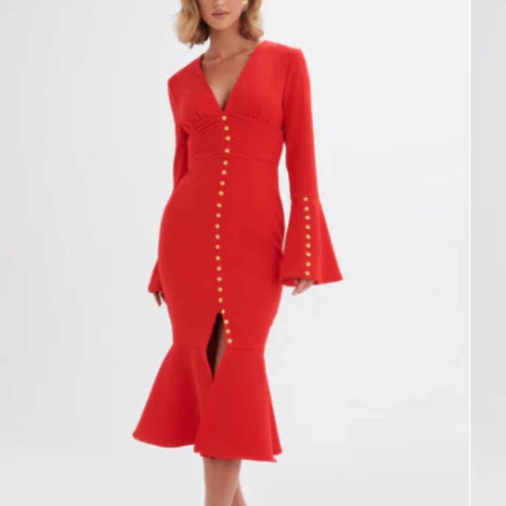 NWT SALMA Fluted Sleeve Rose Button Midi Dress in Red US 6